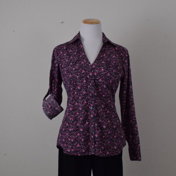 Vintage 90s Express Floral Long Sleeve Stretch Blouse | size M - Picture 5 of 9
